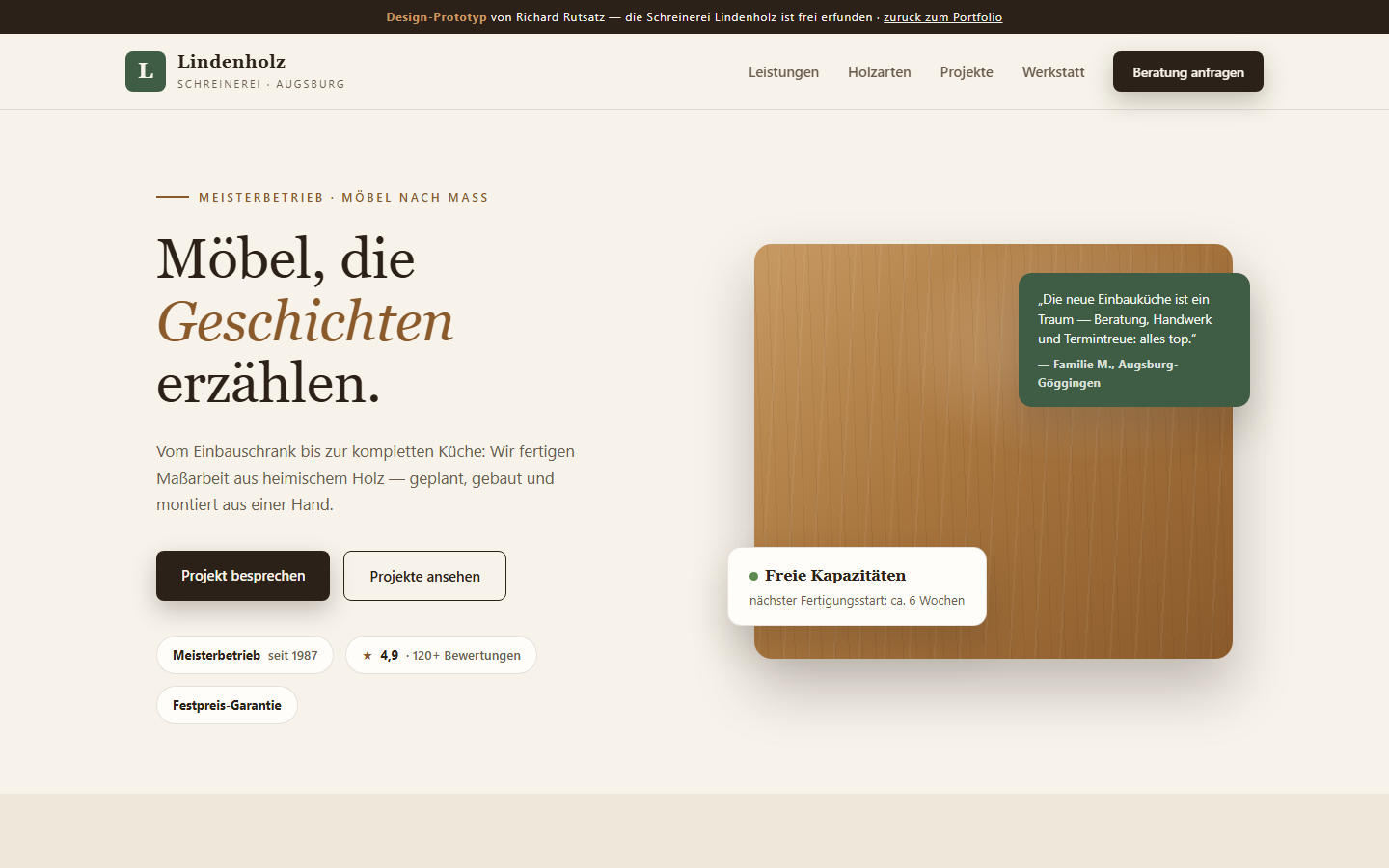 Screenshot des Website-Prototyps Schreinerei Lindenholz: helles, warmes Design mit Holz-Optik, Kundenstimme und Beratungs-Button