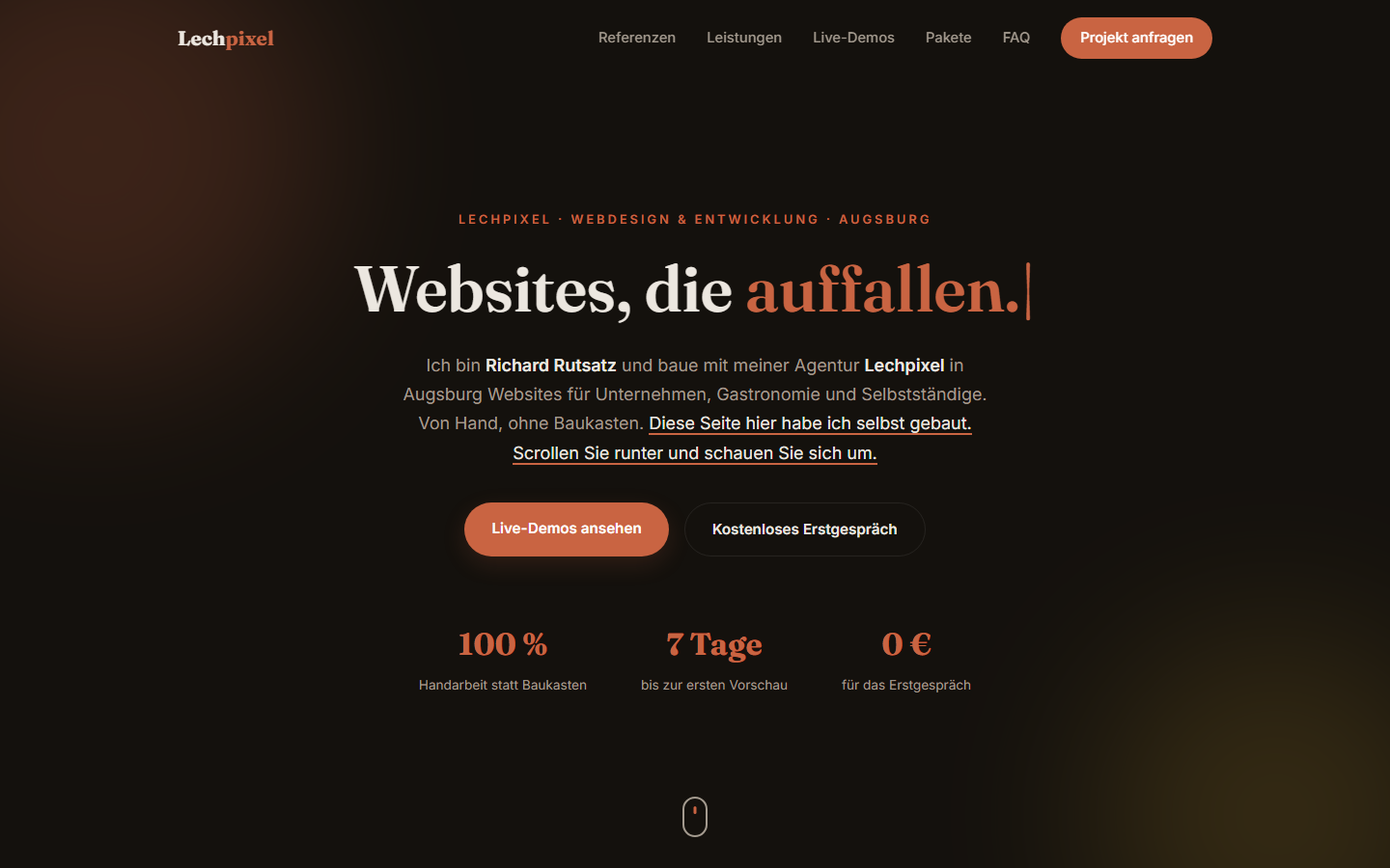 Screenshot der Lechpixel-Website: Portfolio mit animiertem Hero-Bereich, Webdesign aus Augsburg